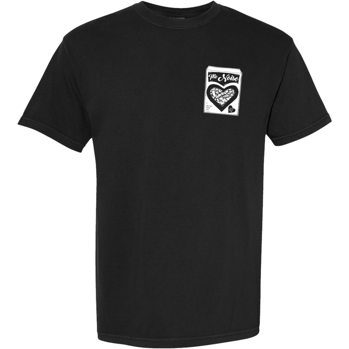 Black t-shirt with a white graphic on the chest against a white background