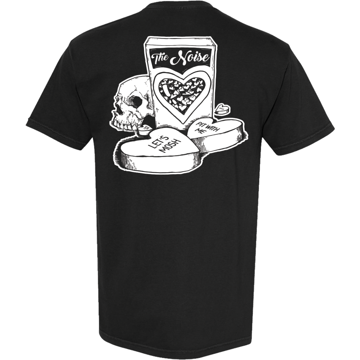 Black t-shirt with white graphic design on the back featuring a skull, heart, and text.