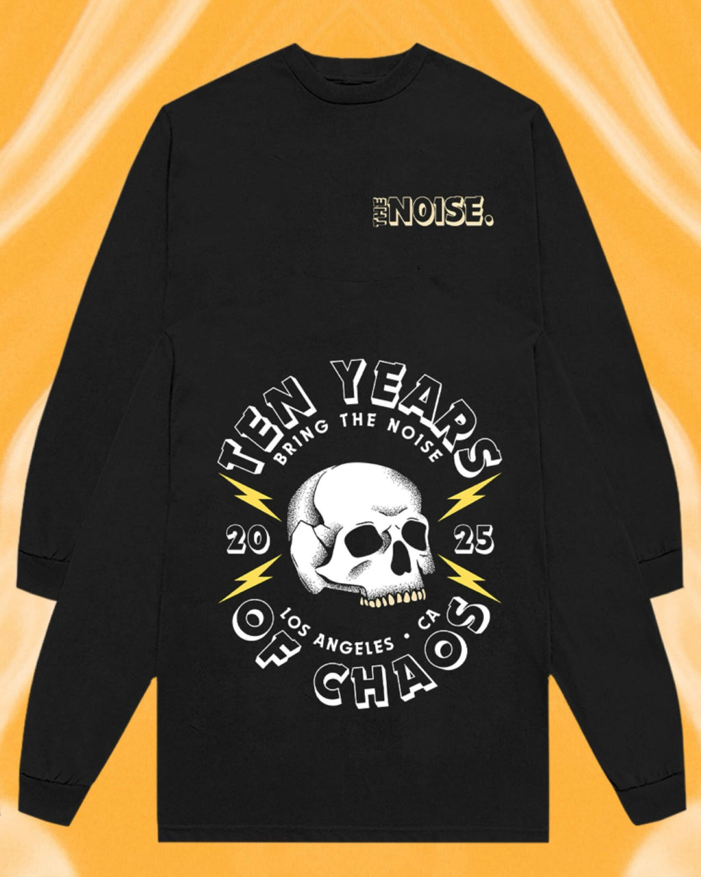A black long-sleeve T-shirt with a graphic print in the center featuring a skull and the text 'Ten Years of Chaos'. The shirt has the brand name 'The Noise' mentioned on it.